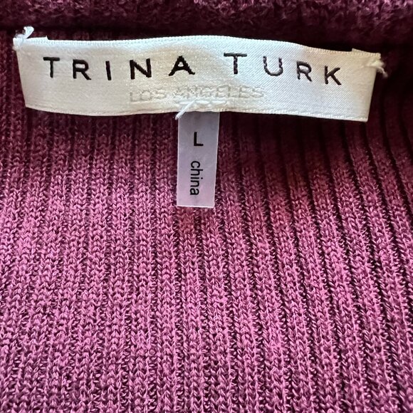 Trina Turk Ribbed Ruffle Trim V-Neck Wine Pullover Cotton Blend Sweater - Picture 2 of 11